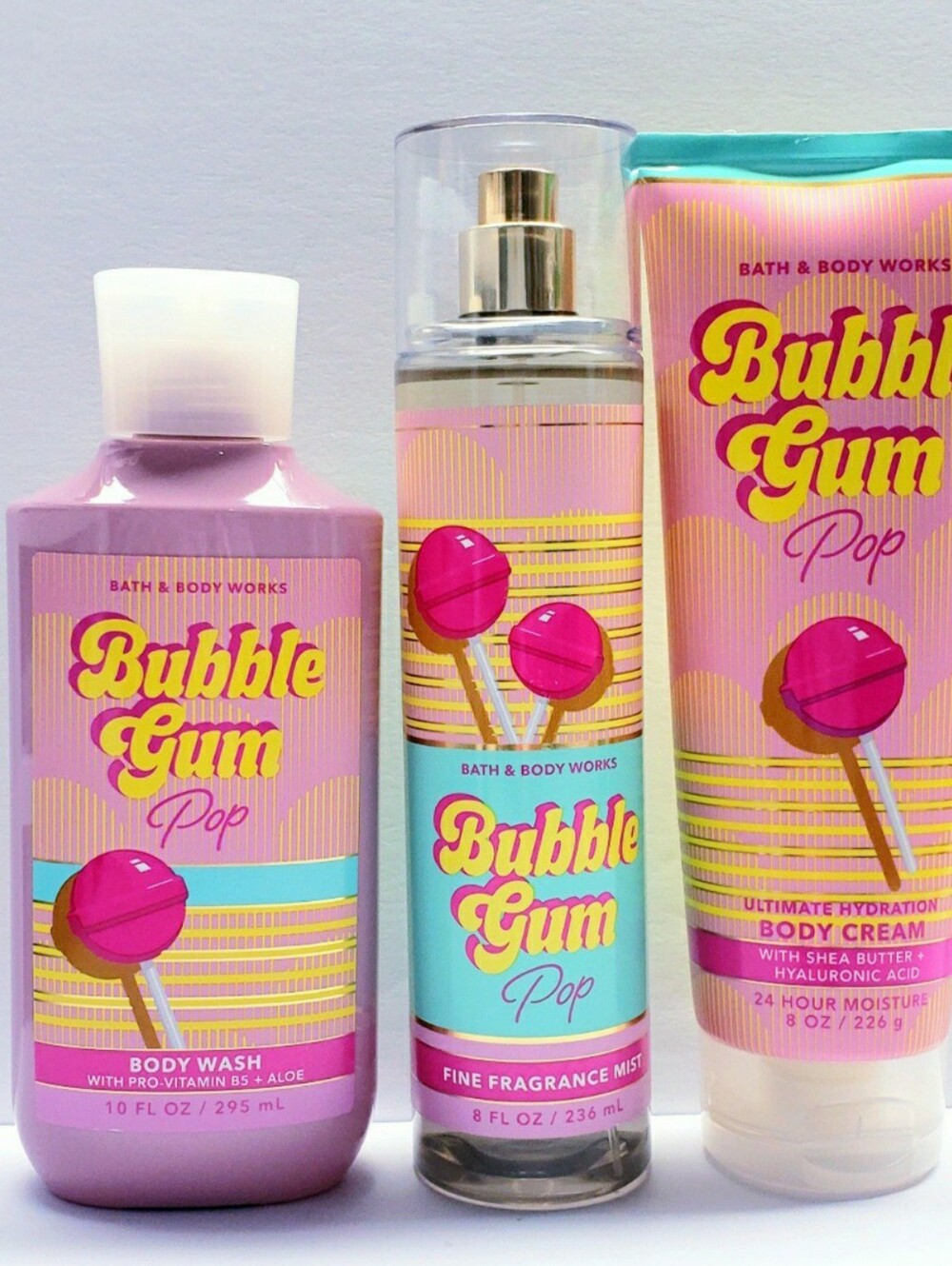 Bath & Body Works BUBBLE GUM POP Fragrance Mist, Body Cream, Body Wash -3 pcs
